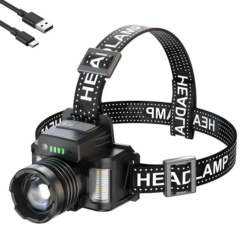 LED Headlamp, Rechargeable Waterproof Headlamp with Wide Angle Side Light, Gesture Sensing Headlamp for Outdoor Camping, USB Rechargeable Headlamp
