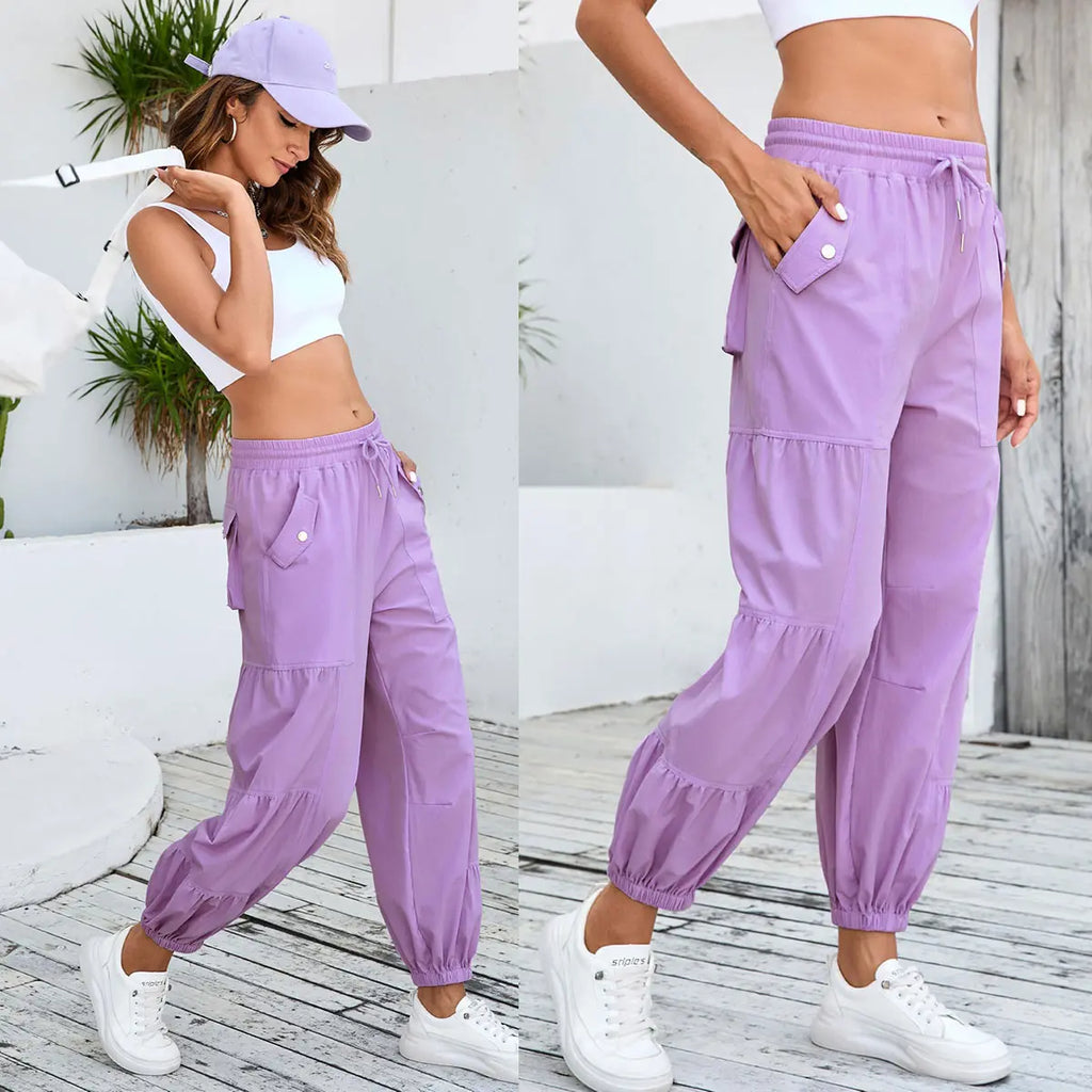 Ommig Parachute Pants for Women Cargo Pants with Pockets Elastic Waist Drawstring Baggy Hiking Pants