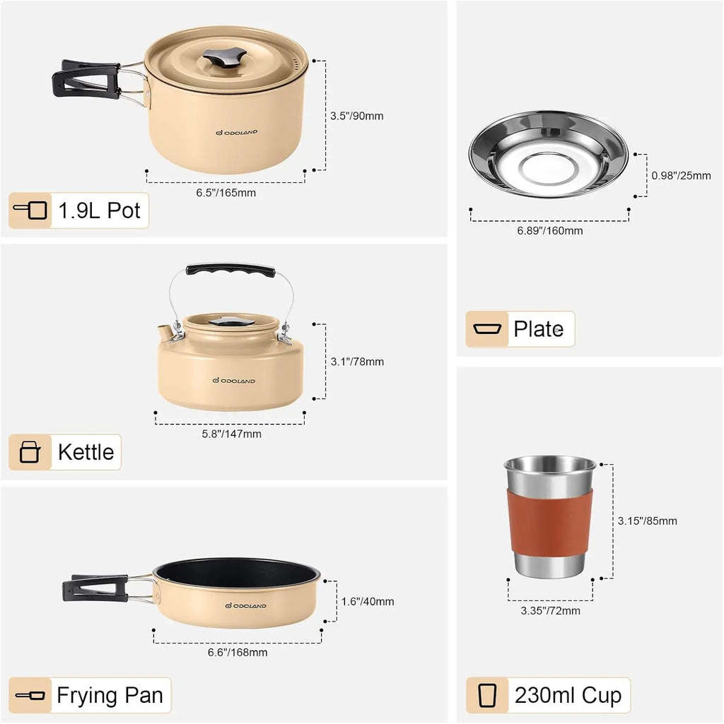Odoland Camping Cookware Set Non-Stick Pot and Pan Set with Kettle, Stainless Steel Utensils Mess Kit, Cups Plates Knives Spoons Forks for Outdoor Cooking,Khaki