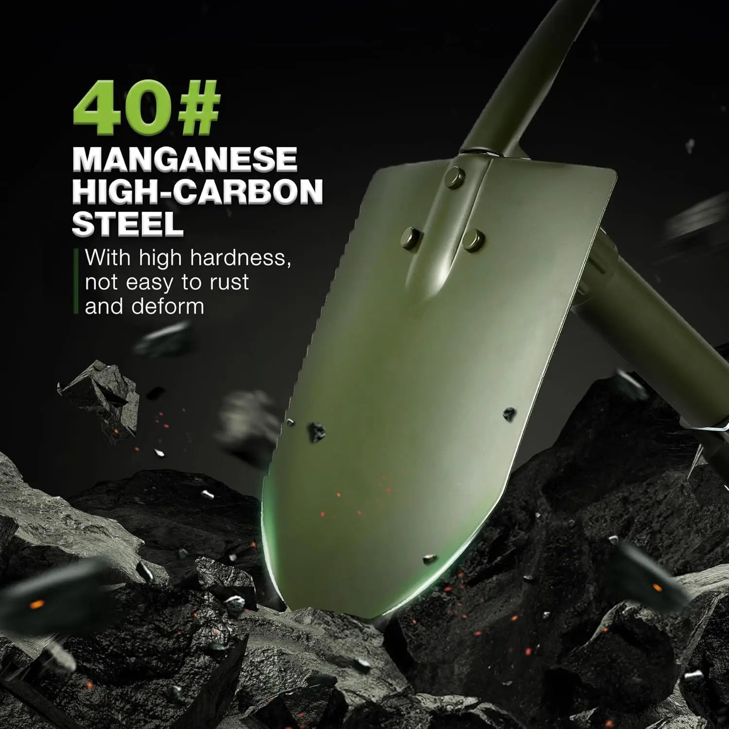 23" Tri-Fold Folding Shovel for Camping & Car Emergencies W/Pick, Compact Snow/Mud Shovel with Storage Bag, High Manganese Steel Mini Survival Tool (2.5LBS, Green)