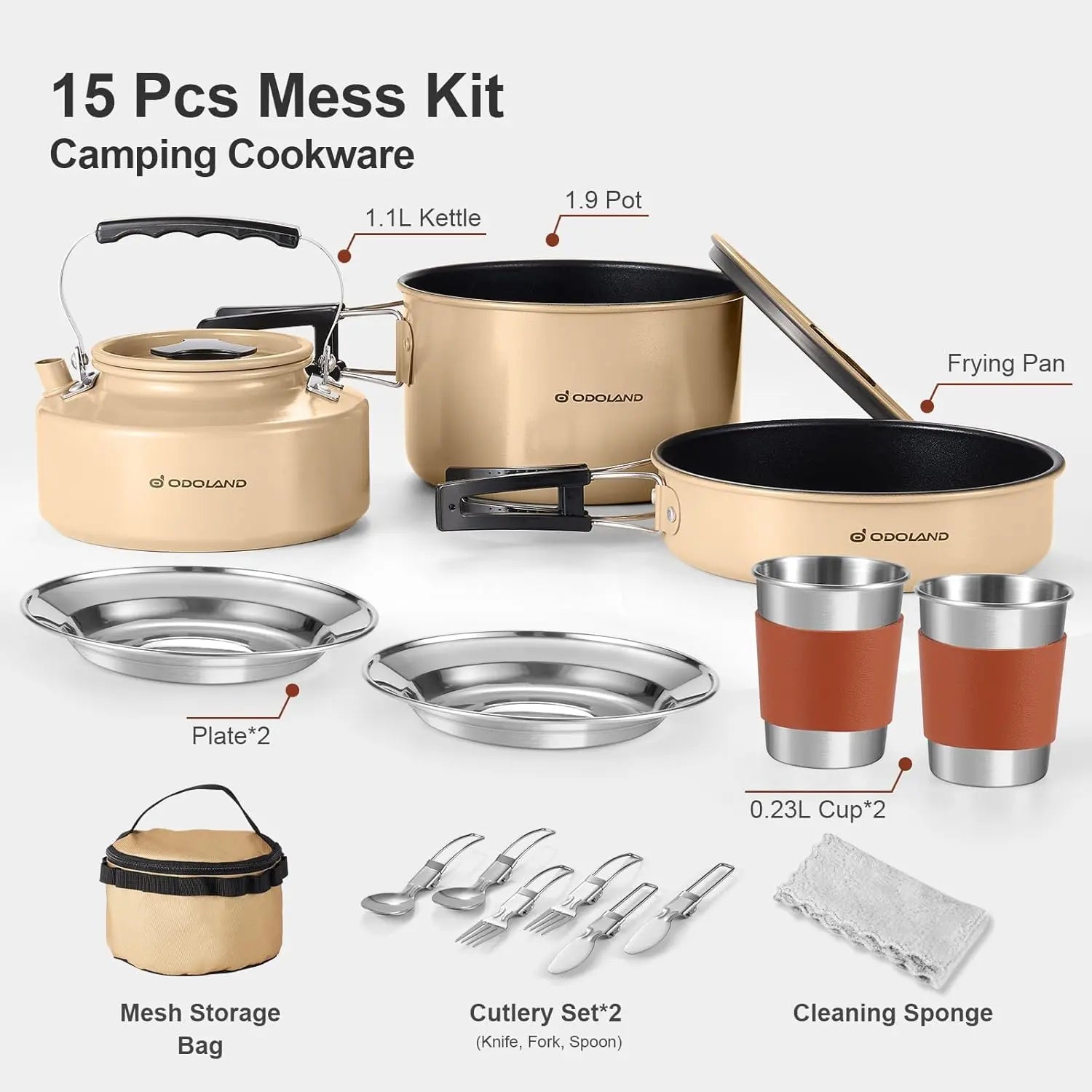 Odoland Camping Cookware Set Non-Stick Pot and Pan Set with Kettle, Stainless Steel Utensils Mess Kit, Cups Plates Knives Spoons Forks for Outdoor Cooking,Khaki