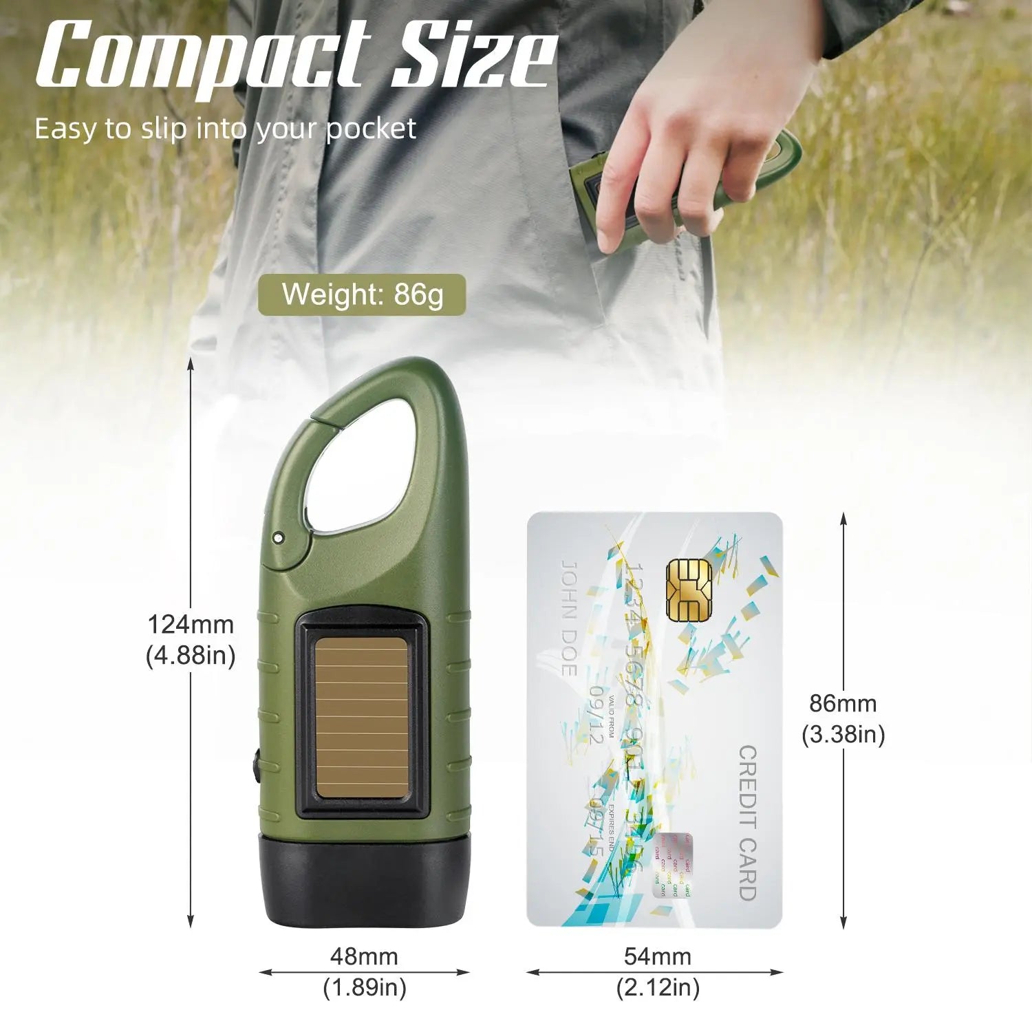 Prunus LED Crank Flashlight Emergency, Solar Flashlight Rechargeable, Dynamo Flashlights with Snap Hook, Mini Flashlight with Crank and Solar Panel for Outdoor/Camping/Power Failures.