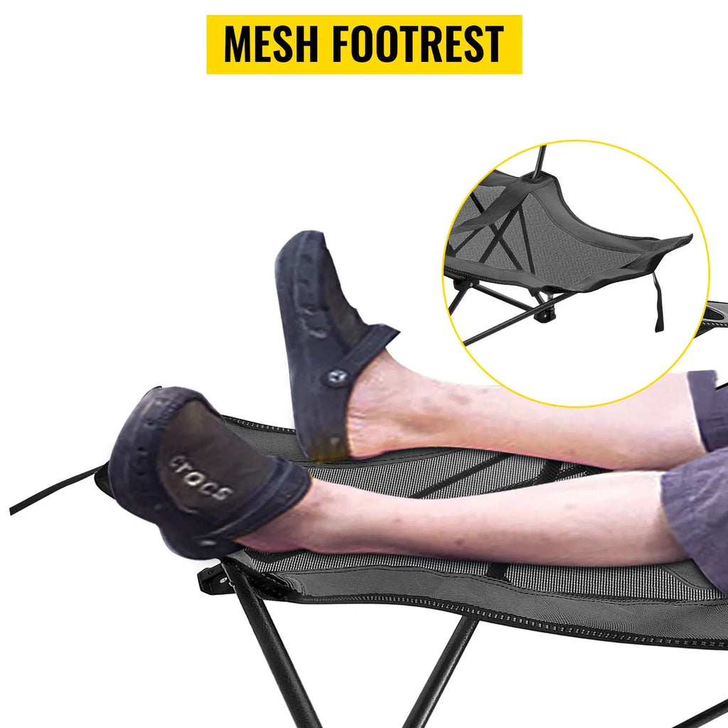 VEVOR Folding Camp Chair with Footrest Mesh, Tiktokshopblackfriday, Portable Lounge Chair with Cup Holder and Storage Bag, for Camping Fishing and Other Outdoor Activities