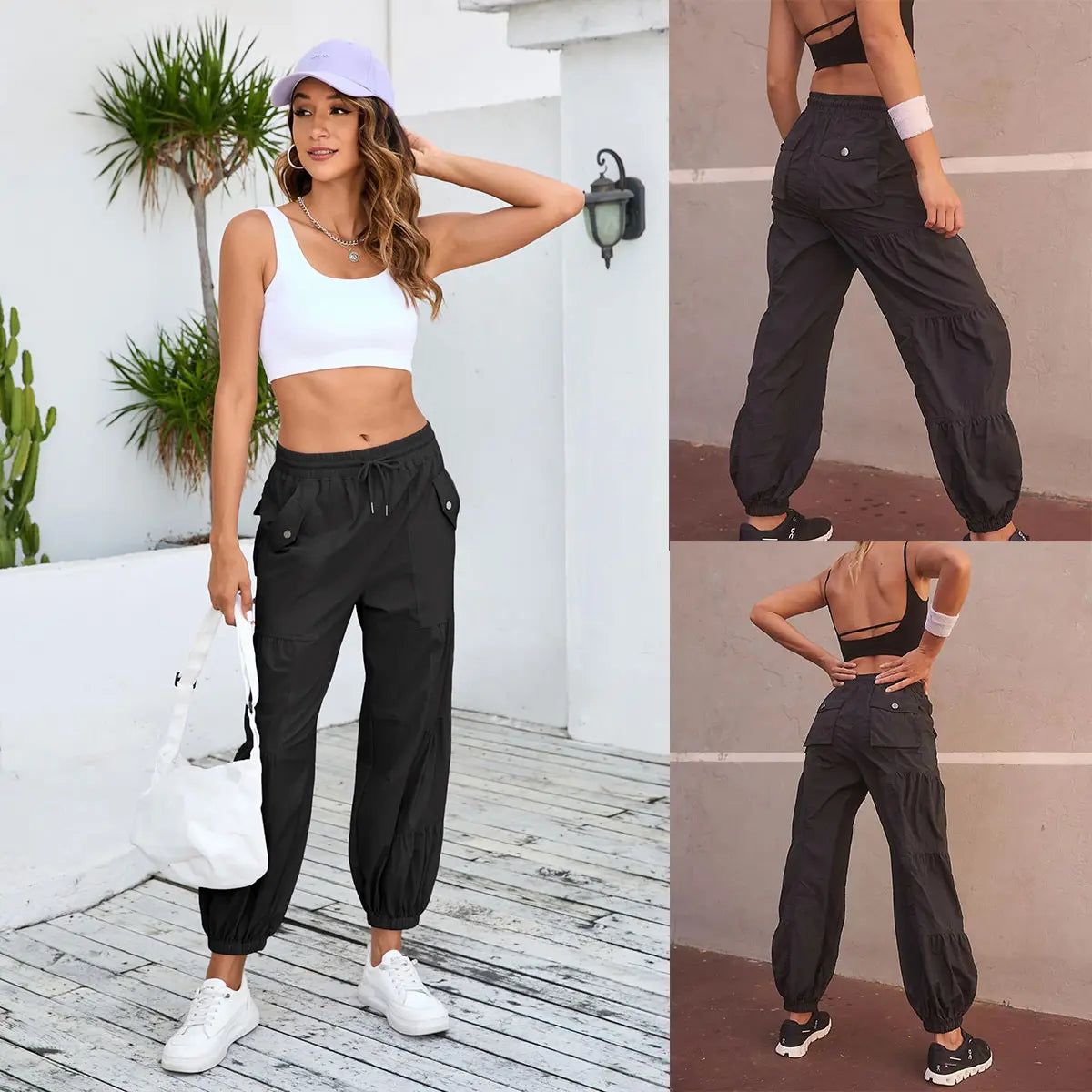 Ommig Parachute Pants for Women Cargo Pants with Pockets Elastic Waist Drawstring Baggy Hiking Pants