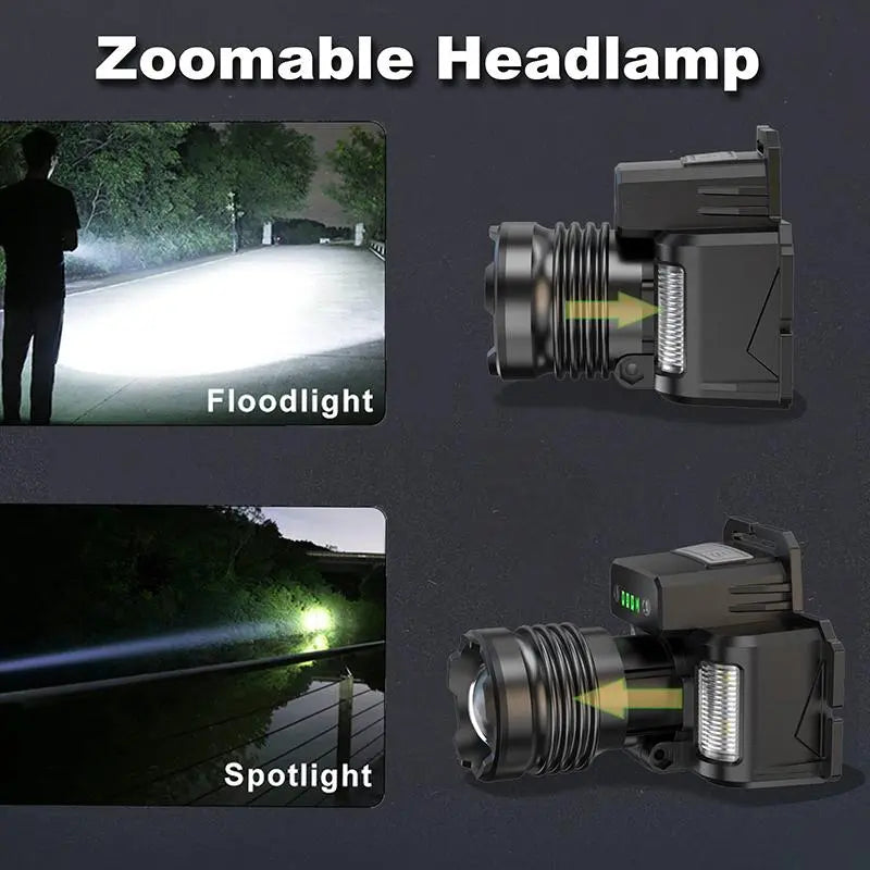 LED Headlamp, Rechargeable Waterproof Headlamp with Wide Angle Side Light, Gesture Sensing Headlamp for Outdoor Camping, USB Rechargeable Headlamp