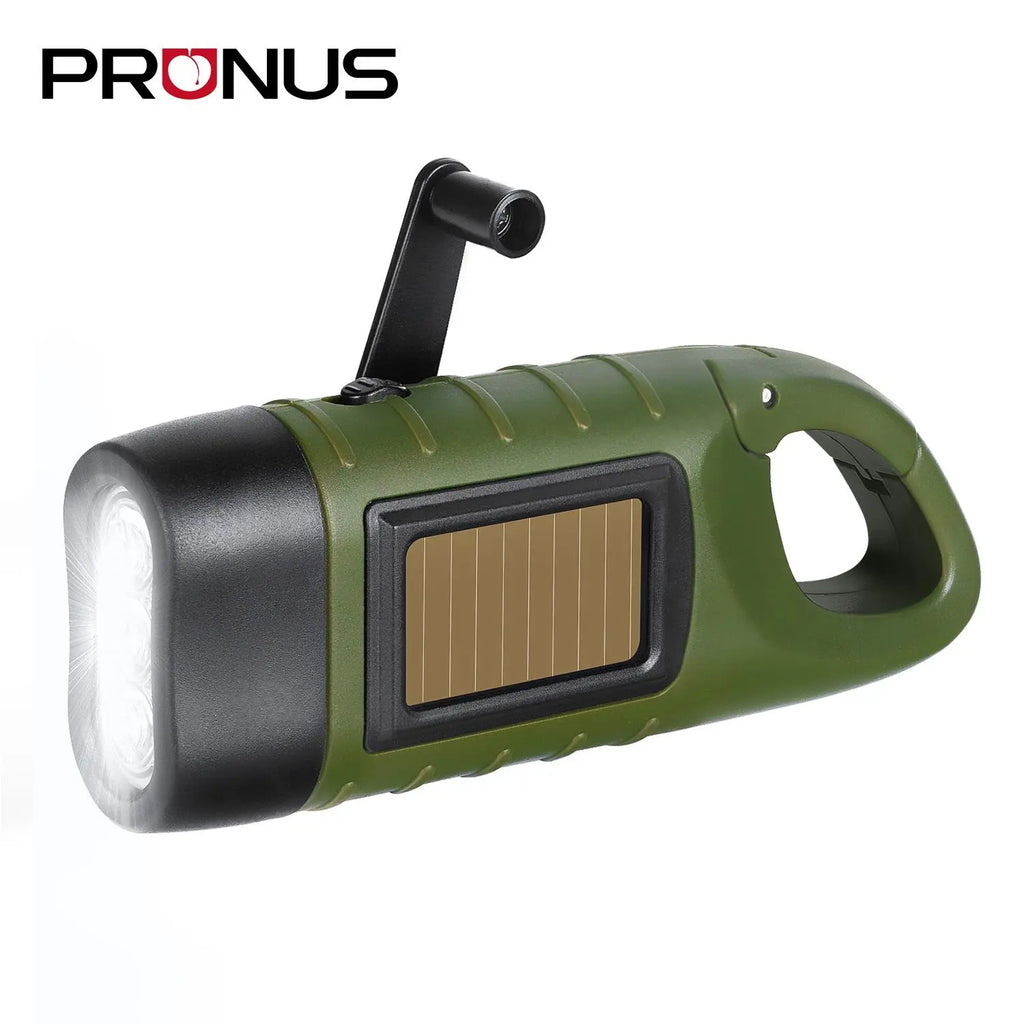 Prunus LED Crank Flashlight Emergency, Solar Flashlight Rechargeable, Dynamo Flashlights with Snap Hook, Mini Flashlight with Crank and Solar Panel for Outdoor/Camping/Power Failures.