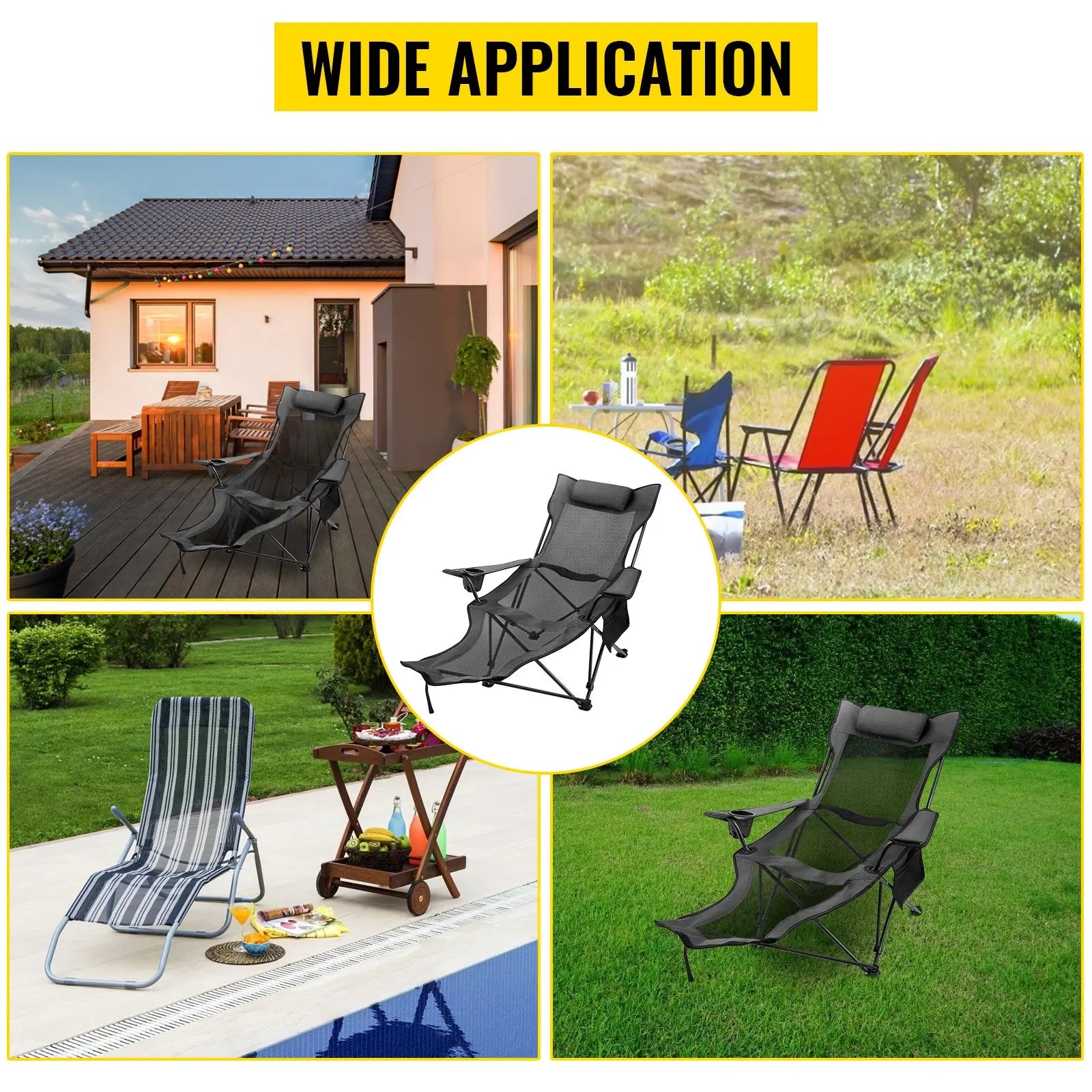 VEVOR Folding Camp Chair with Footrest Mesh, Tiktokshopblackfriday, Portable Lounge Chair with Cup Holder and Storage Bag, for Camping Fishing and Other Outdoor Activities