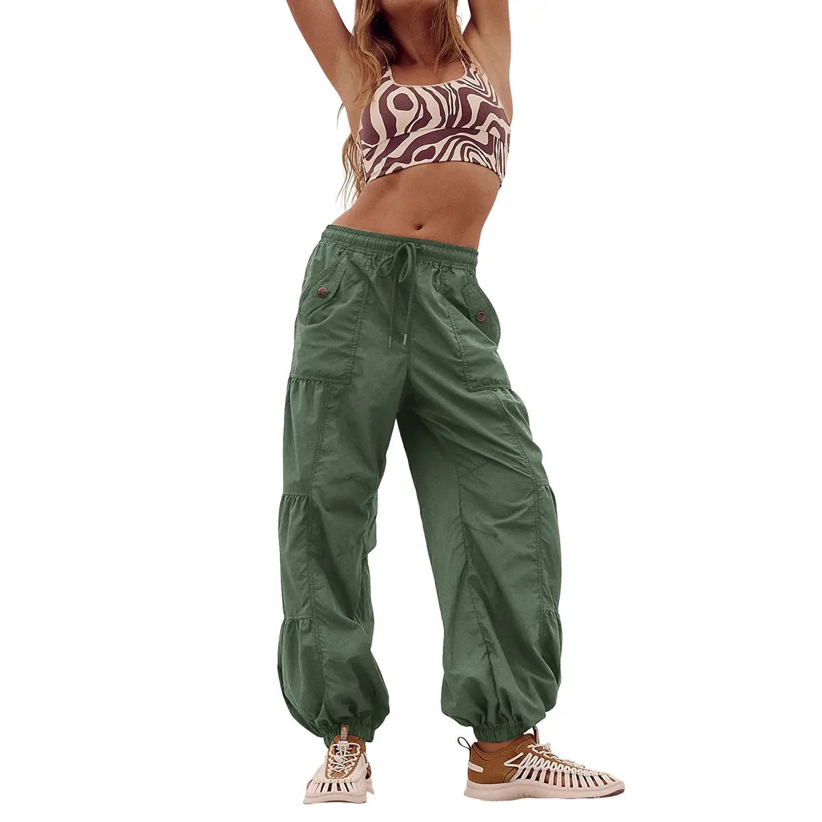 Ommig Parachute Pants for Women Cargo Pants with Pockets Elastic Waist Drawstring Baggy Hiking Pants