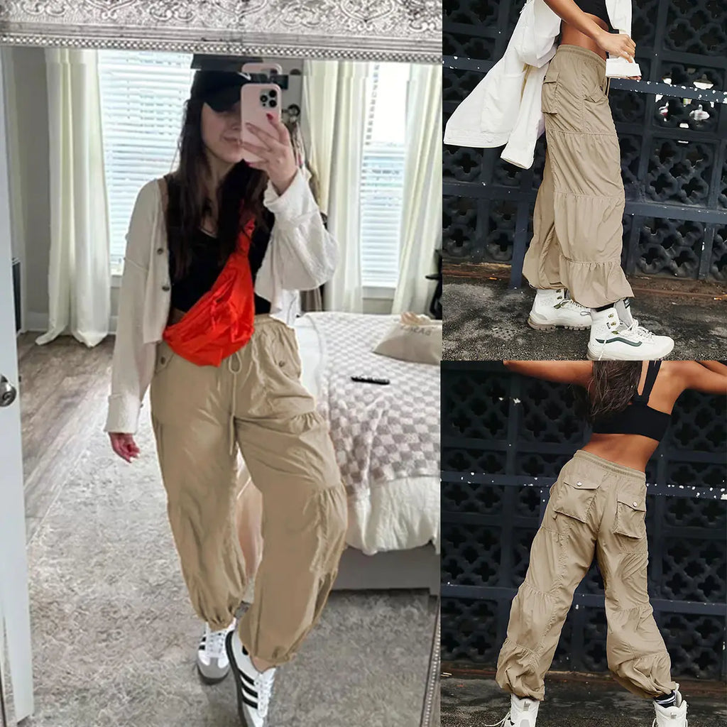 Ommig Parachute Pants for Women Cargo Pants with Pockets Elastic Waist Drawstring Baggy Hiking Pants