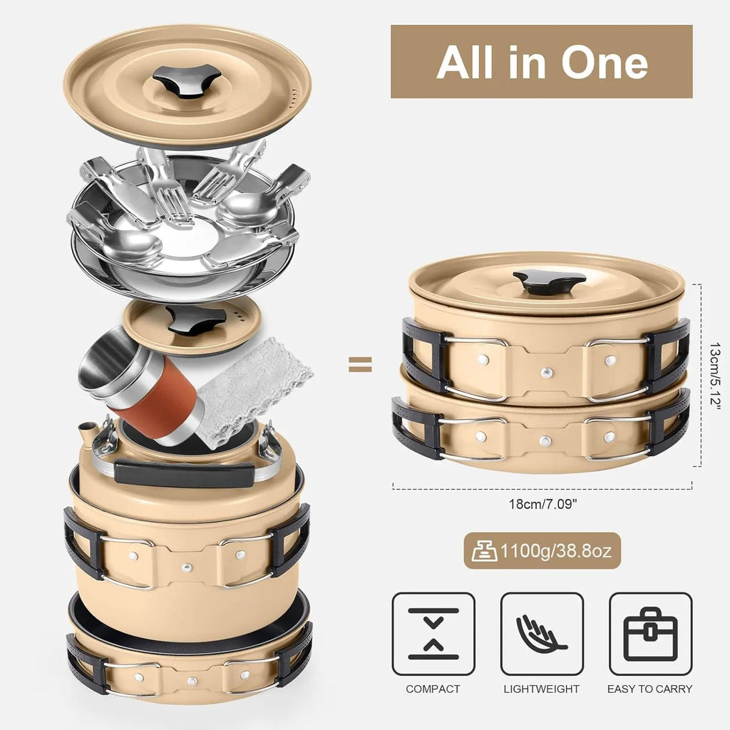 Odoland Camping Cookware Set Non-Stick Pot and Pan Set with Kettle, Stainless Steel Utensils Mess Kit, Cups Plates Knives Spoons Forks for Outdoor Cooking,Khaki