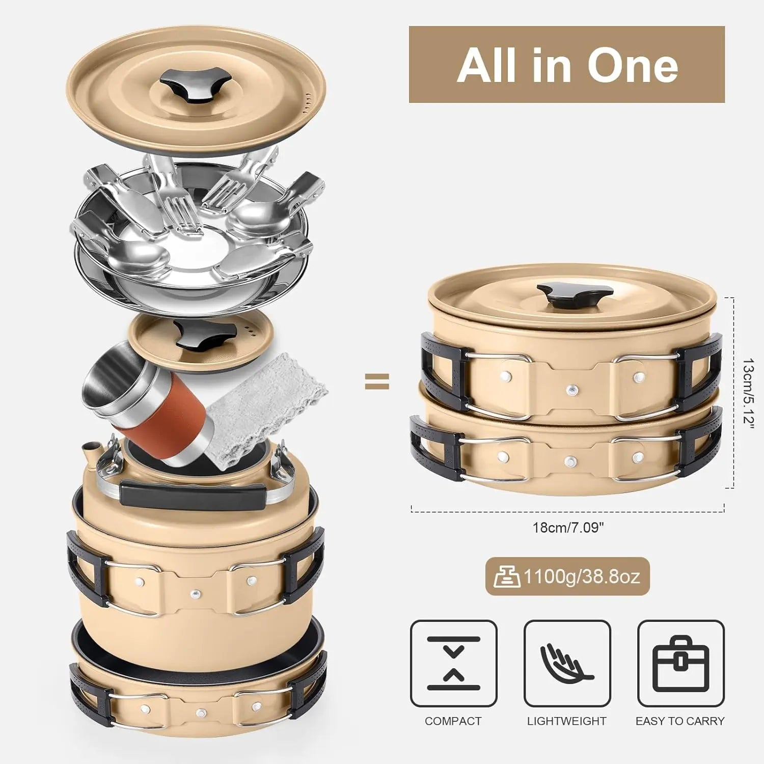 Odoland Camping Cookware Set Non-Stick Pot and Pan Set with Kettle, Stainless Steel Utensils Mess Kit, Cups Plates Knives Spoons Forks for Outdoor Cooking,Khaki