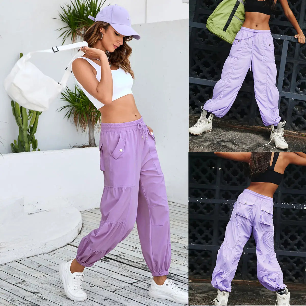 Ommig Parachute Pants for Women Cargo Pants with Pockets Elastic Waist Drawstring Baggy Hiking Pants