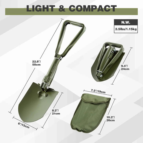 23" Tri-Fold Folding Shovel for Camping & Car Emergencies W/Pick, Compact Snow/Mud Shovel with Storage Bag, High Manganese Steel Mini Survival Tool (2.5LBS, Green)