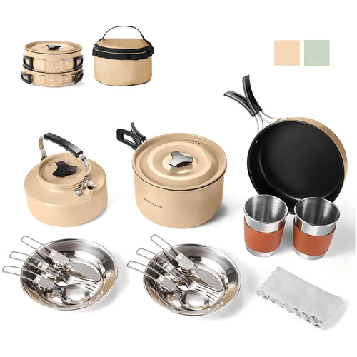 Odoland Camping Cookware Set Non-Stick Pot and Pan Set with Kettle, Stainless Steel Utensils Mess Kit, Cups Plates Knives Spoons Forks for Outdoor Cooking,Khaki