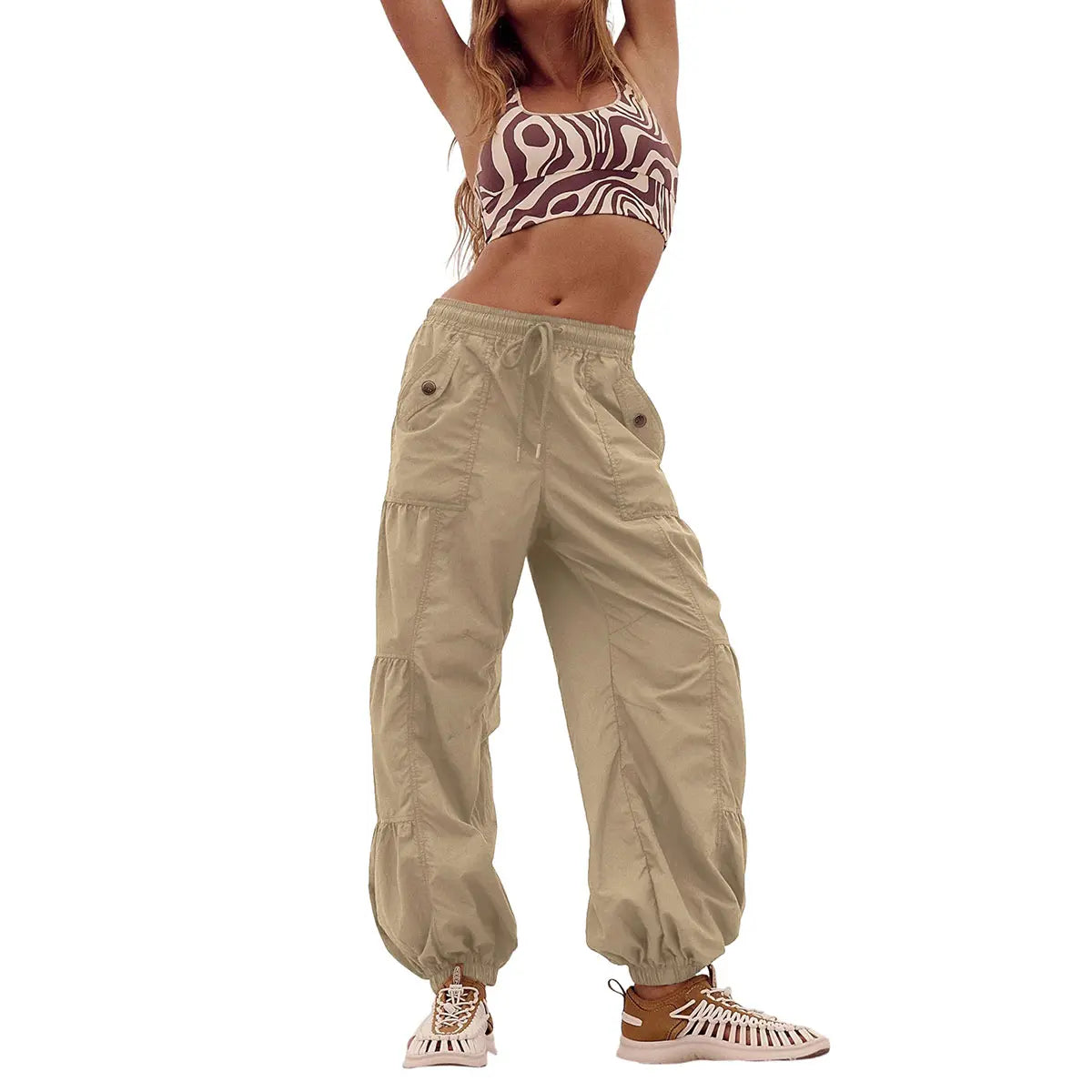 Ommig Parachute Pants for Women Cargo Pants with Pockets Elastic Waist Drawstring Baggy Hiking Pants