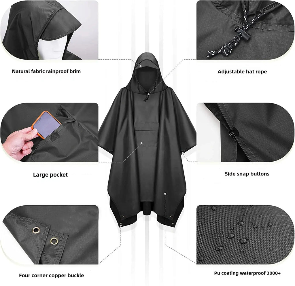 Hooded Rain Poncho Raincoat Jacket for Camping Mountaineering, Multifunctional Poncho Unisex Outdoor Unisex Outdoor Multifunctional Hooded Raincoat