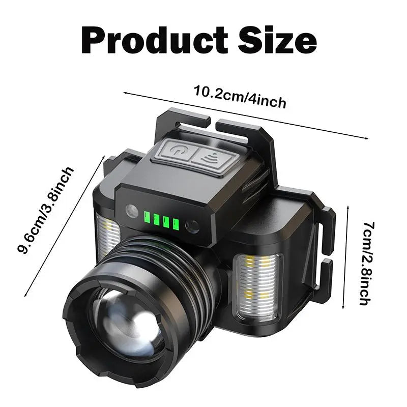 LED Headlamp, Rechargeable Waterproof Headlamp with Wide Angle Side Light, Gesture Sensing Headlamp for Outdoor Camping, USB Rechargeable Headlamp