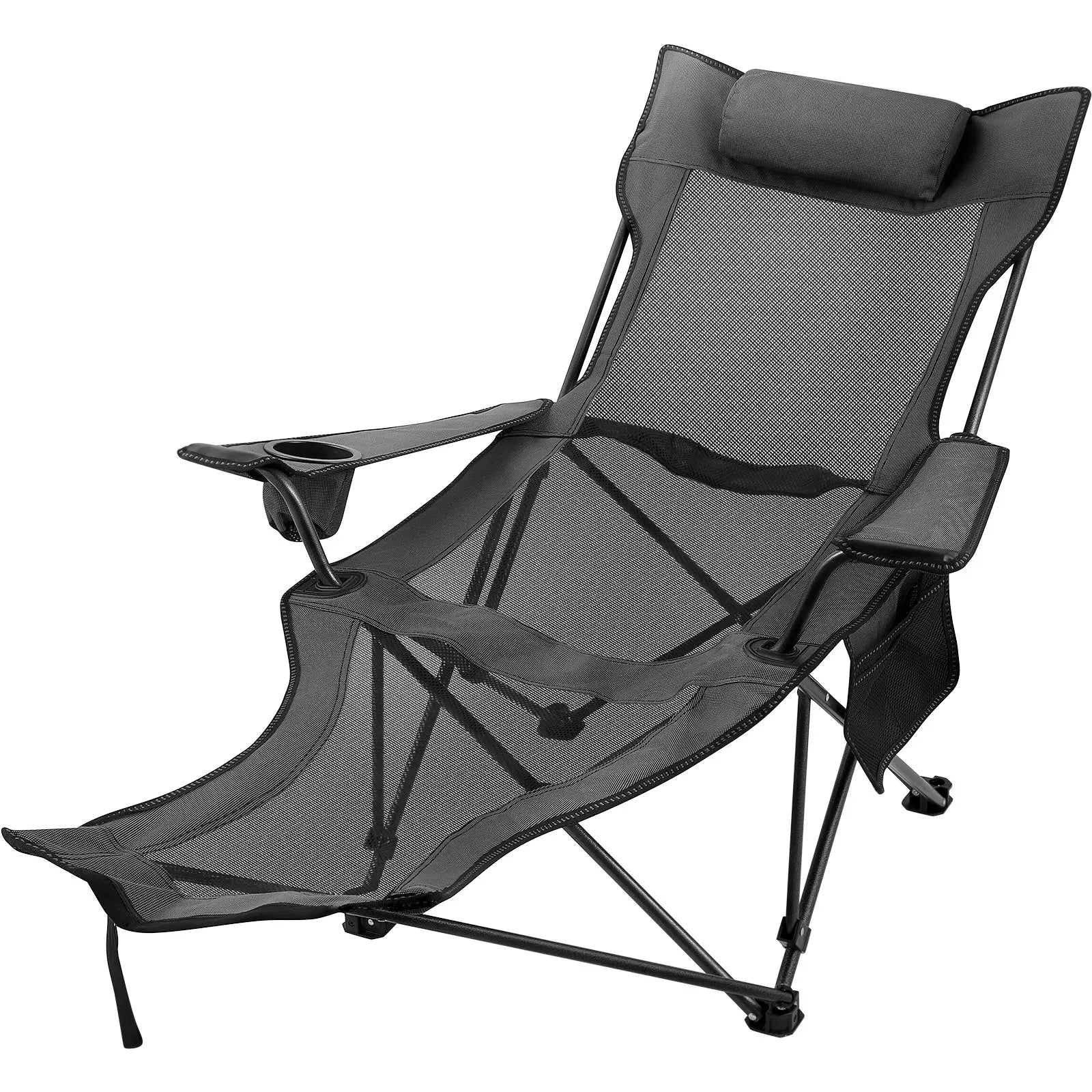 VEVOR Folding Camp Chair with Footrest Mesh, Tiktokshopblackfriday, Portable Lounge Chair with Cup Holder and Storage Bag, for Camping Fishing and Other Outdoor Activities