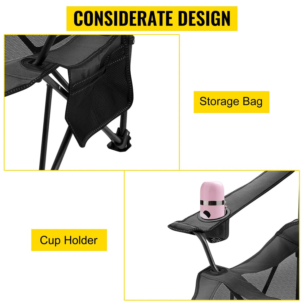 VEVOR Folding Camp Chair with Footrest Mesh, Tiktokshopblackfriday, Portable Lounge Chair with Cup Holder and Storage Bag, for Camping Fishing and Other Outdoor Activities