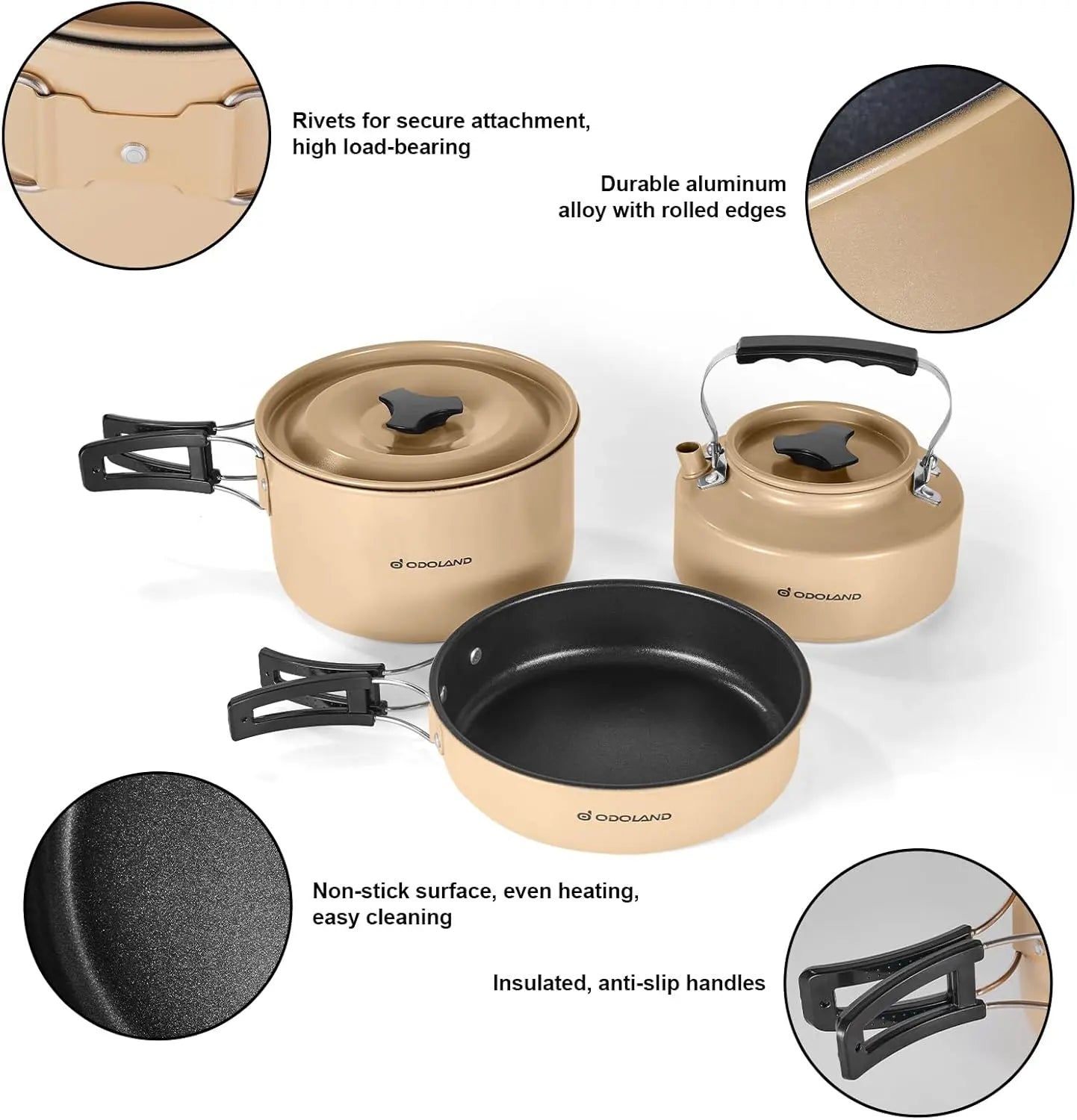Odoland Camping Cookware Set Non-Stick Pot and Pan Set with Kettle, Stainless Steel Utensils Mess Kit, Cups Plates Knives Spoons Forks for Outdoor Cooking,Khaki