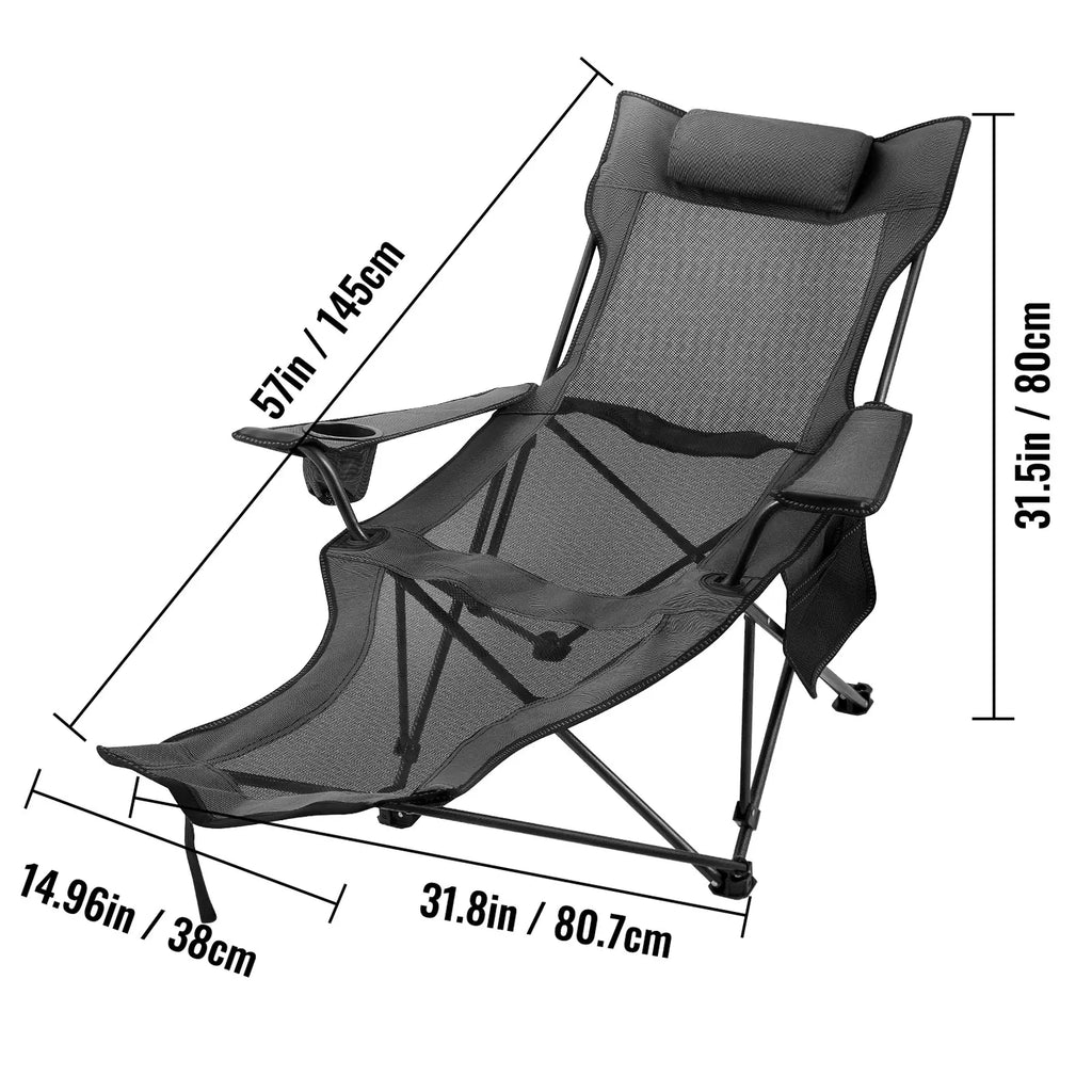 VEVOR Folding Camp Chair with Footrest Mesh, Tiktokshopblackfriday, Portable Lounge Chair with Cup Holder and Storage Bag, for Camping Fishing and Other Outdoor Activities