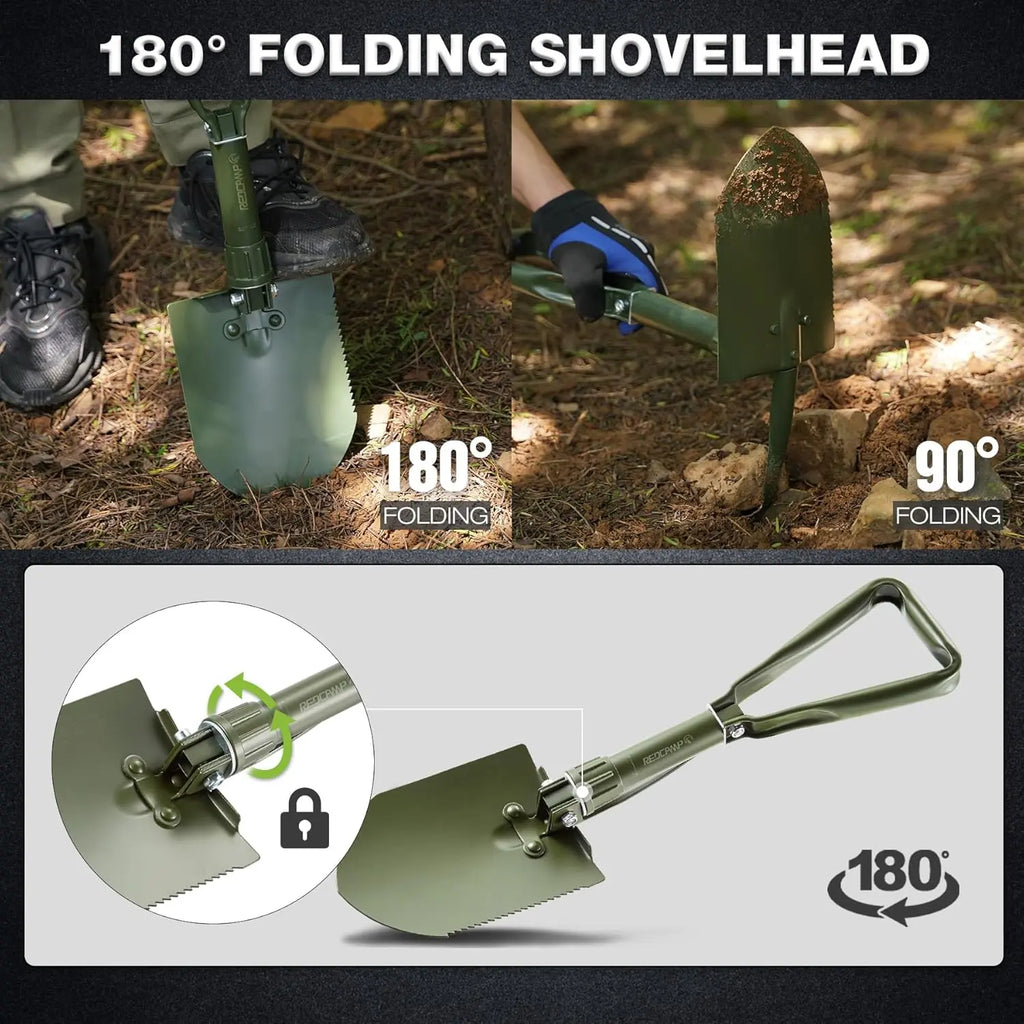 23" Tri-Fold Folding Shovel for Camping & Car Emergencies W/Pick, Compact Snow/Mud Shovel with Storage Bag, High Manganese Steel Mini Survival Tool (2.5LBS, Green)