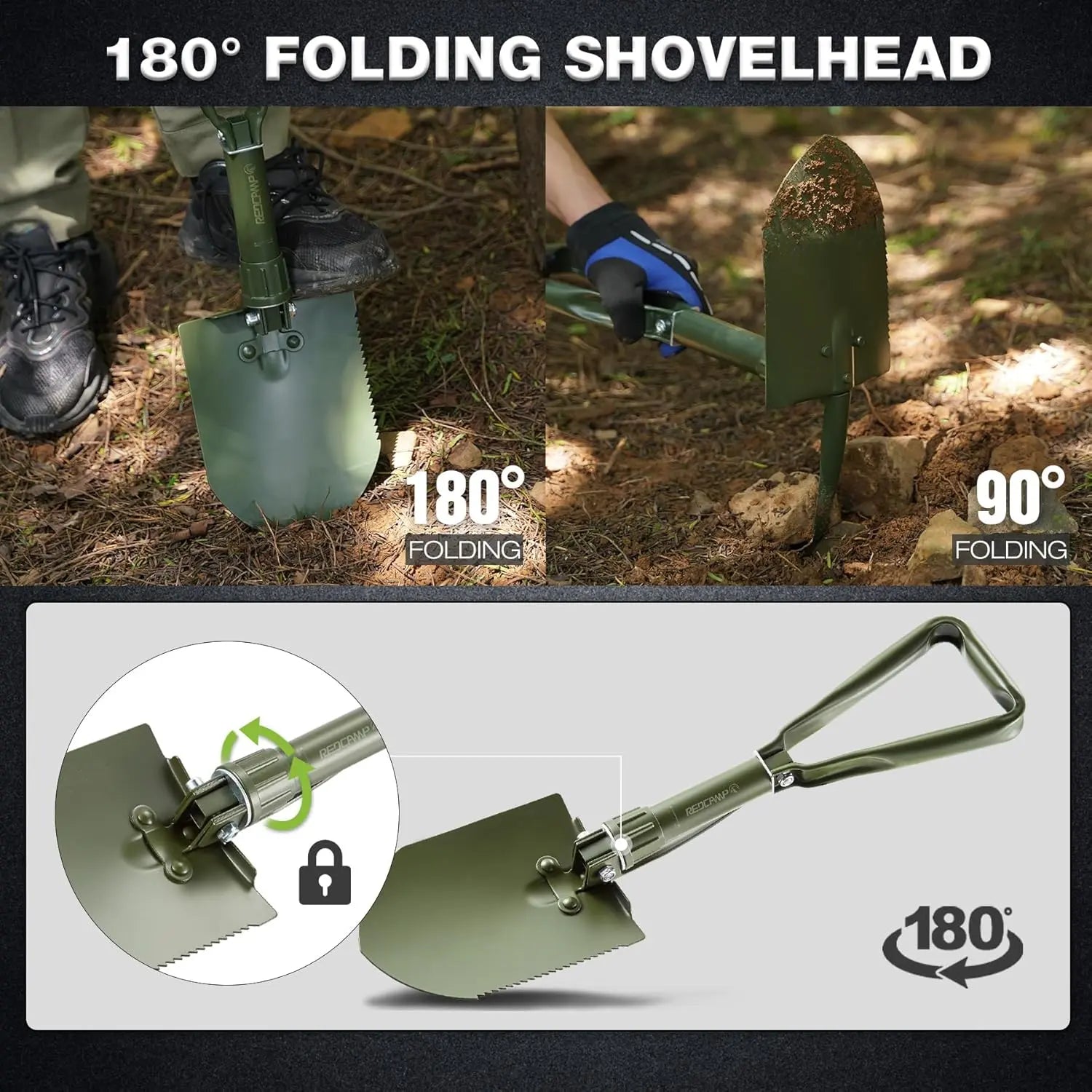 23" Tri-Fold Folding Shovel for Camping & Car Emergencies W/Pick, Compact Snow/Mud Shovel with Storage Bag, High Manganese Steel Mini Survival Tool (2.5LBS, Green)