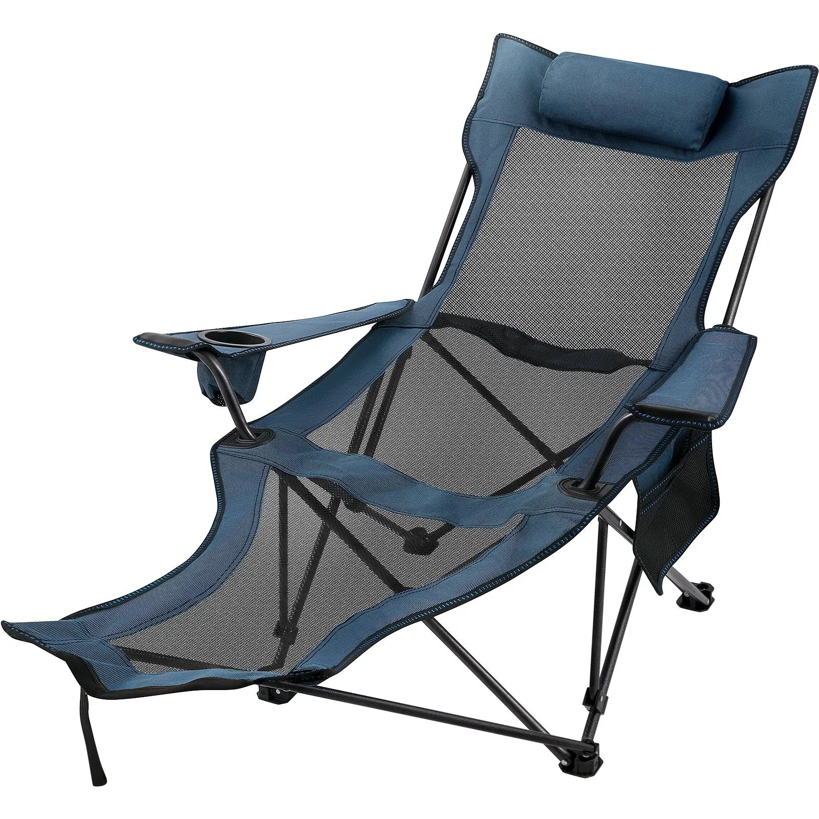 VEVOR Folding Camp Chair with Footrest Mesh, Tiktokshopblackfriday, Portable Lounge Chair with Cup Holder and Storage Bag, for Camping Fishing and Other Outdoor Activities