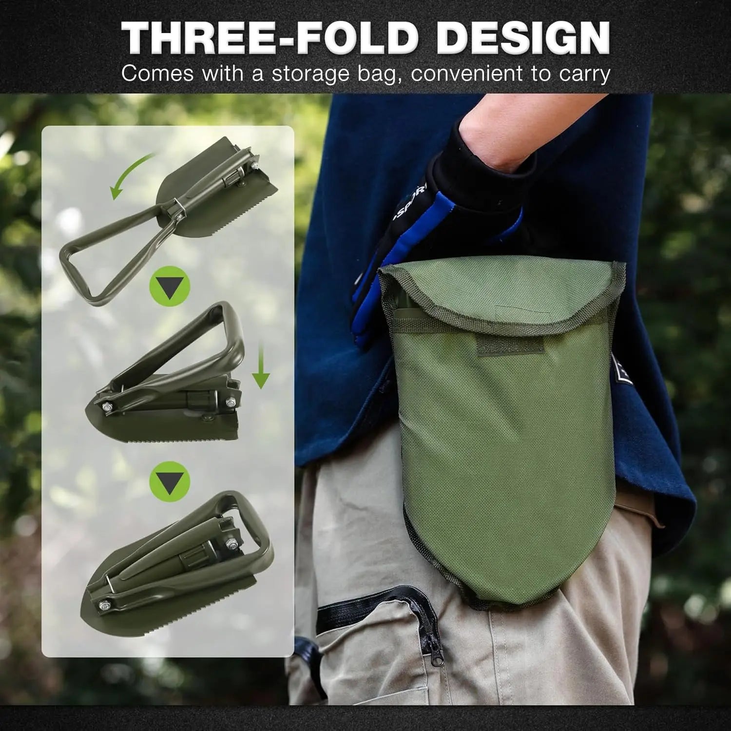 23" Tri-Fold Folding Shovel for Camping & Car Emergencies W/Pick, Compact Snow/Mud Shovel with Storage Bag, High Manganese Steel Mini Survival Tool (2.5LBS, Green)