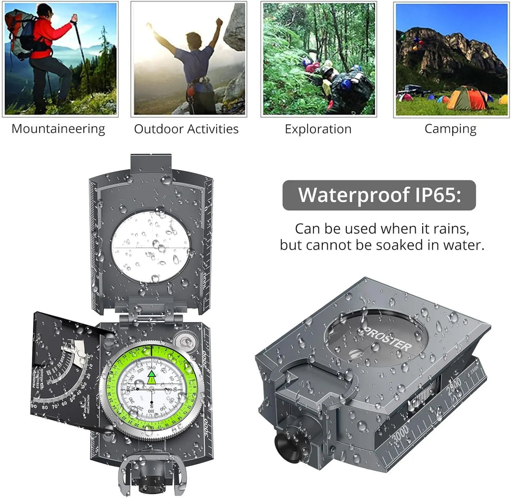 Proster IP65 Hiking Compass with Sighting Clinometer Professional Military Compass Metal Camping Compass Waterproof with Carry Bag for Camping Hunting Hiking Geology Activities