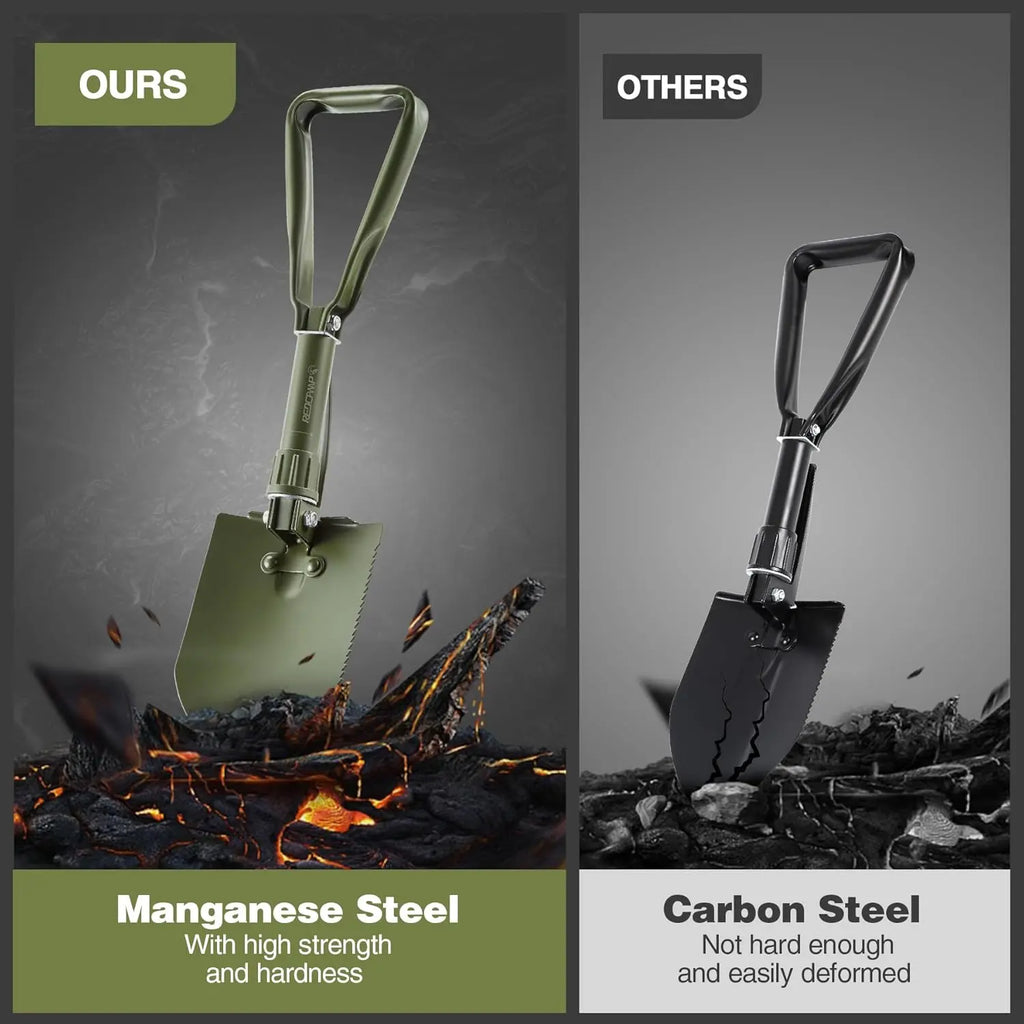 23" Tri-Fold Folding Shovel for Camping & Car Emergencies W/Pick, Compact Snow/Mud Shovel with Storage Bag, High Manganese Steel Mini Survival Tool (2.5LBS, Green)