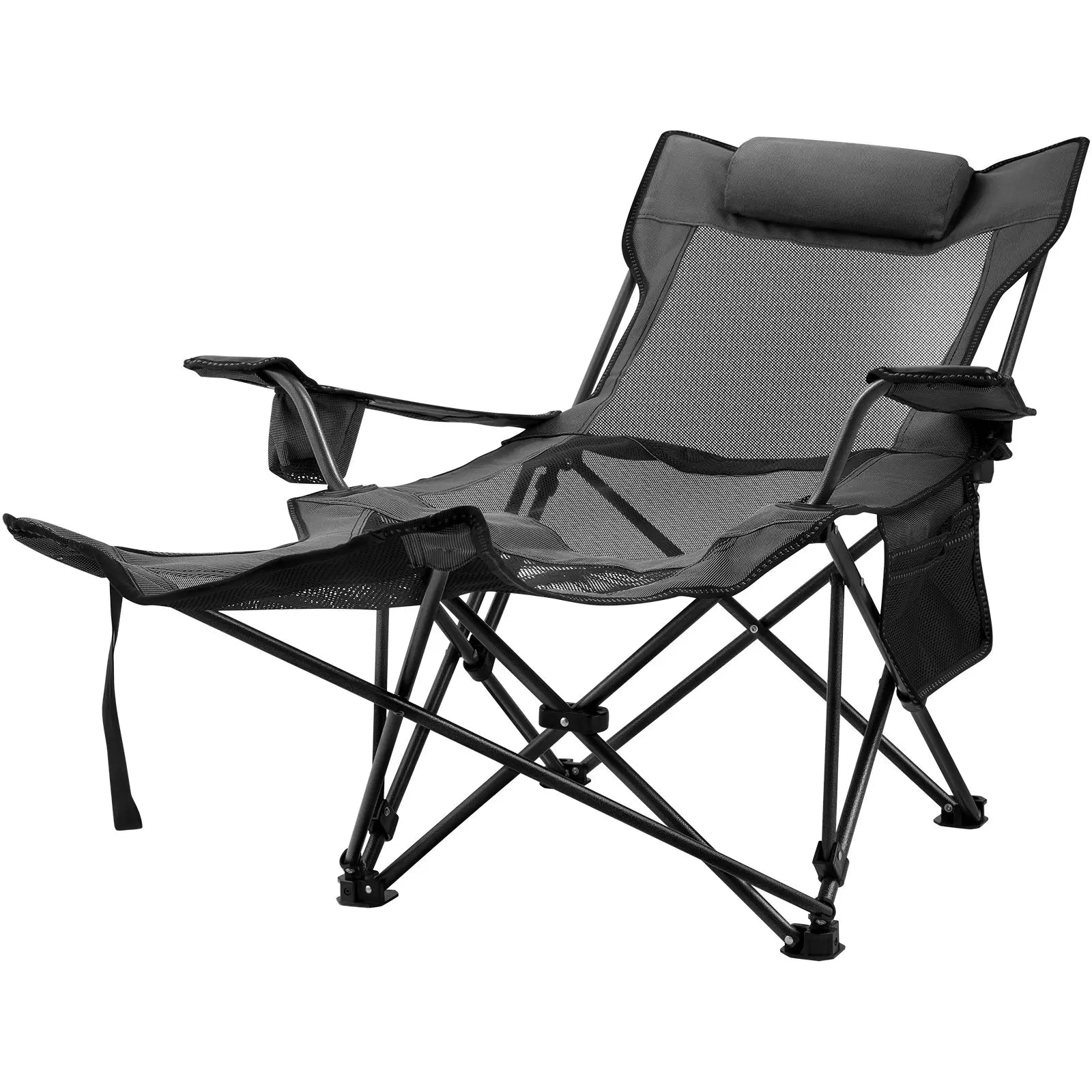 VEVOR Folding Camp Chair with Footrest Mesh, Tiktokshopblackfriday, Portable Lounge Chair with Cup Holder and Storage Bag, for Camping Fishing and Other Outdoor Activities