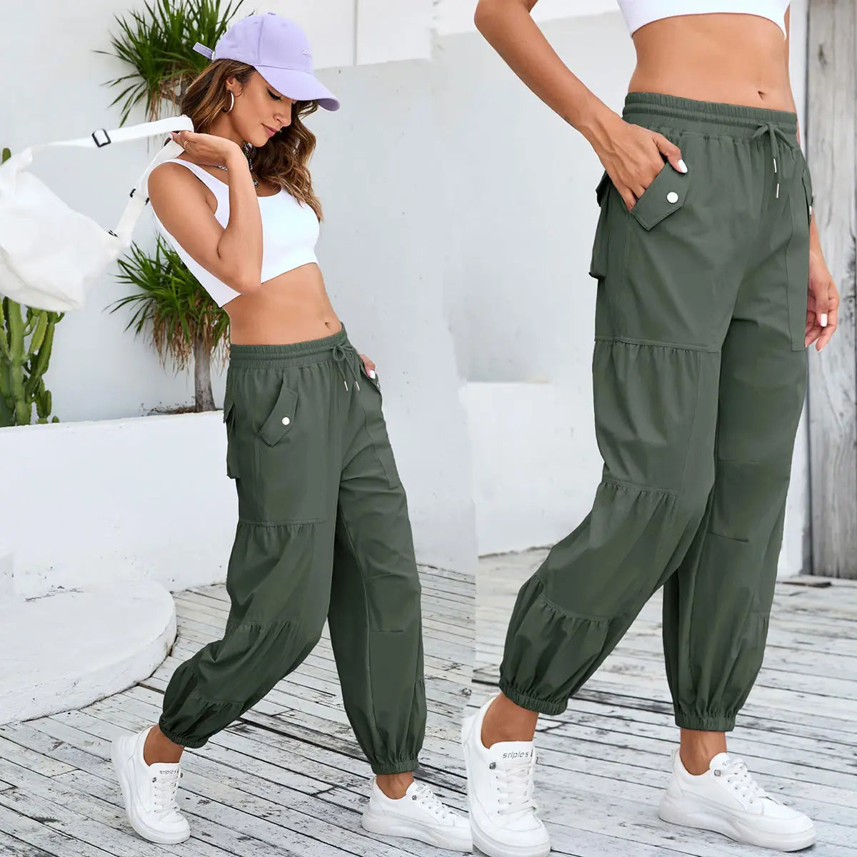 Ommig Parachute Pants for Women Cargo Pants with Pockets Elastic Waist Drawstring Baggy Hiking Pants