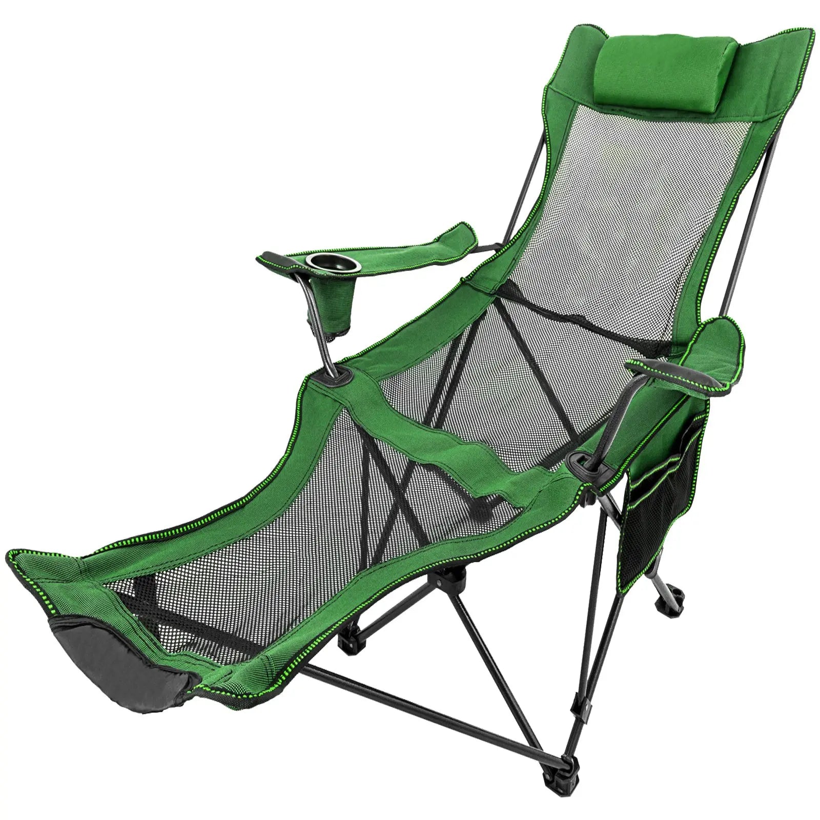 VEVOR Folding Camp Chair with Footrest Mesh, Tiktokshopblackfriday, Portable Lounge Chair with Cup Holder and Storage Bag, for Camping Fishing and Other Outdoor Activities