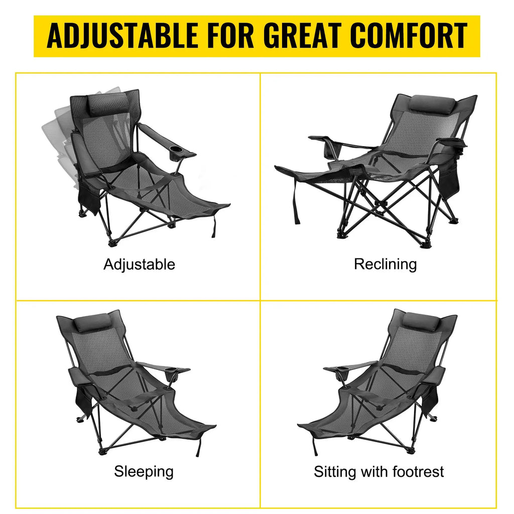 VEVOR Folding Camp Chair with Footrest Mesh, Tiktokshopblackfriday, Portable Lounge Chair with Cup Holder and Storage Bag, for Camping Fishing and Other Outdoor Activities
