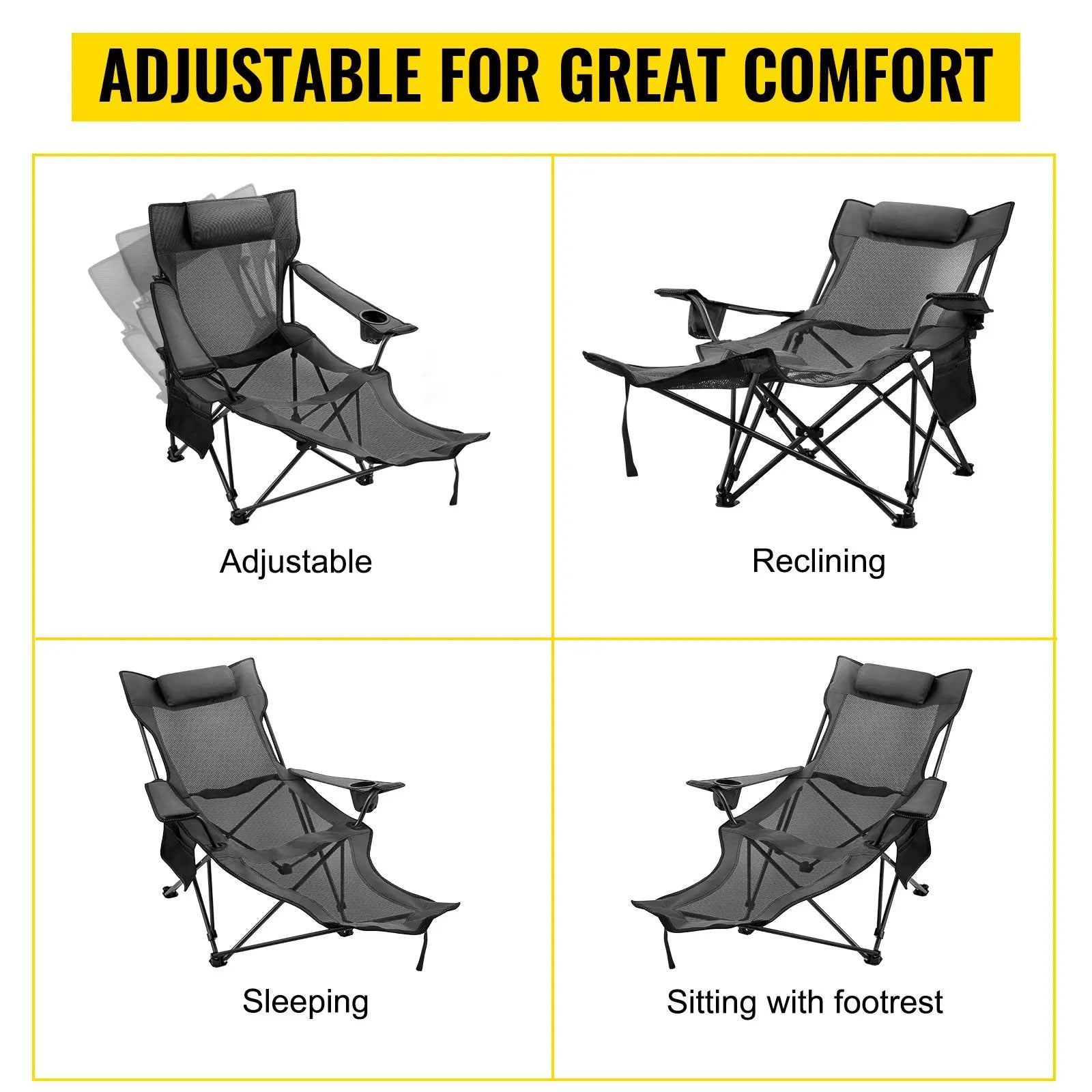 VEVOR Folding Camp Chair with Footrest Mesh, Tiktokshopblackfriday, Portable Lounge Chair with Cup Holder and Storage Bag, for Camping Fishing and Other Outdoor Activities