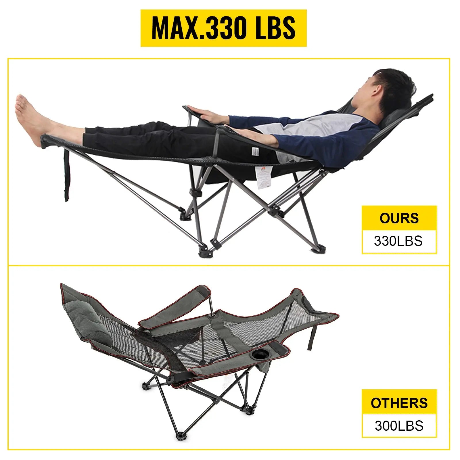 VEVOR Folding Camp Chair with Footrest Mesh, Tiktokshopblackfriday, Portable Lounge Chair with Cup Holder and Storage Bag, for Camping Fishing and Other Outdoor Activities