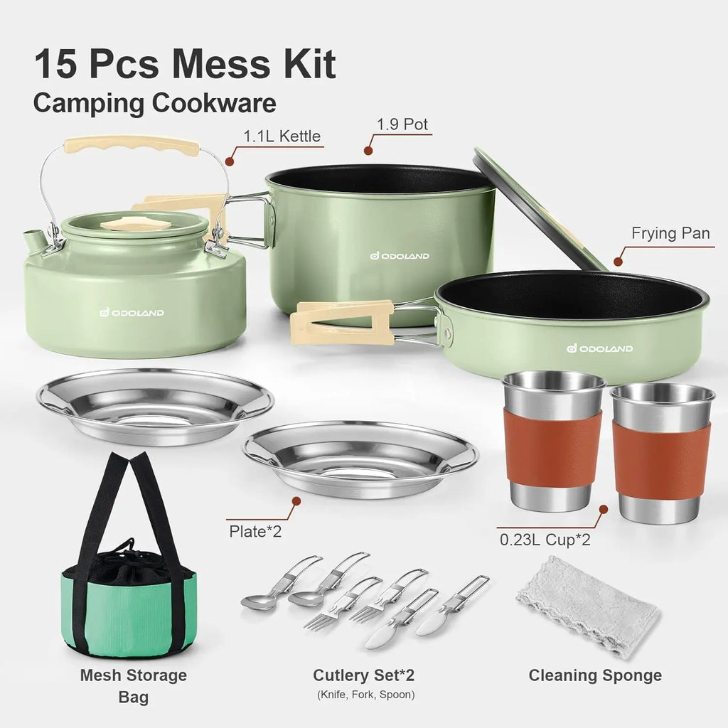 Odoland Camping Cookware Set Non-Stick Pot and Pan Set with Kettle, Stainless Steel Utensils Mess Kit, Cups Plates Knives Spoons Forks for Outdoor Cooking,Khaki