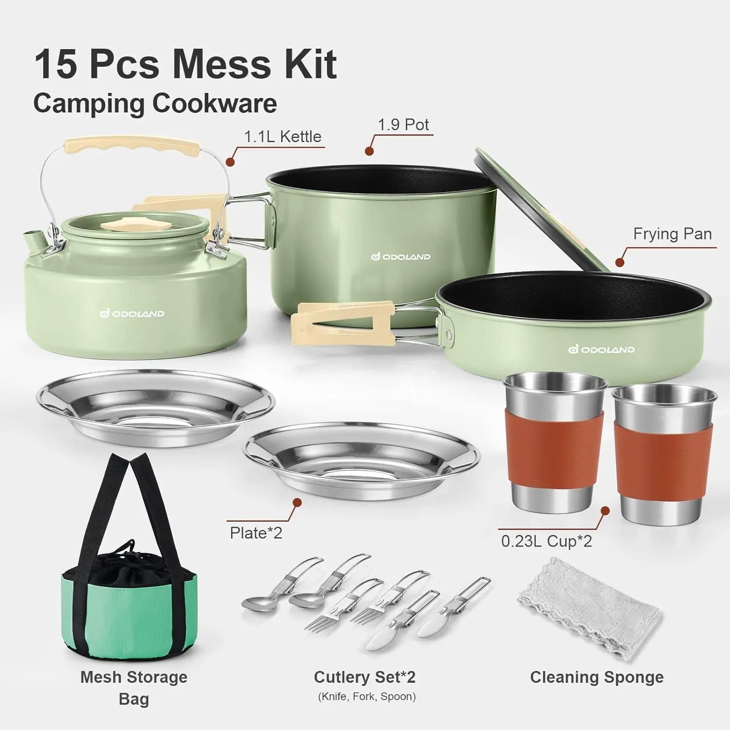 Odoland Camping Cookware Set Non-Stick Pot and Pan Set with Kettle, Stainless Steel Utensils Mess Kit, Cups Plates Knives Spoons Forks for Outdoor Cooking,Khaki
