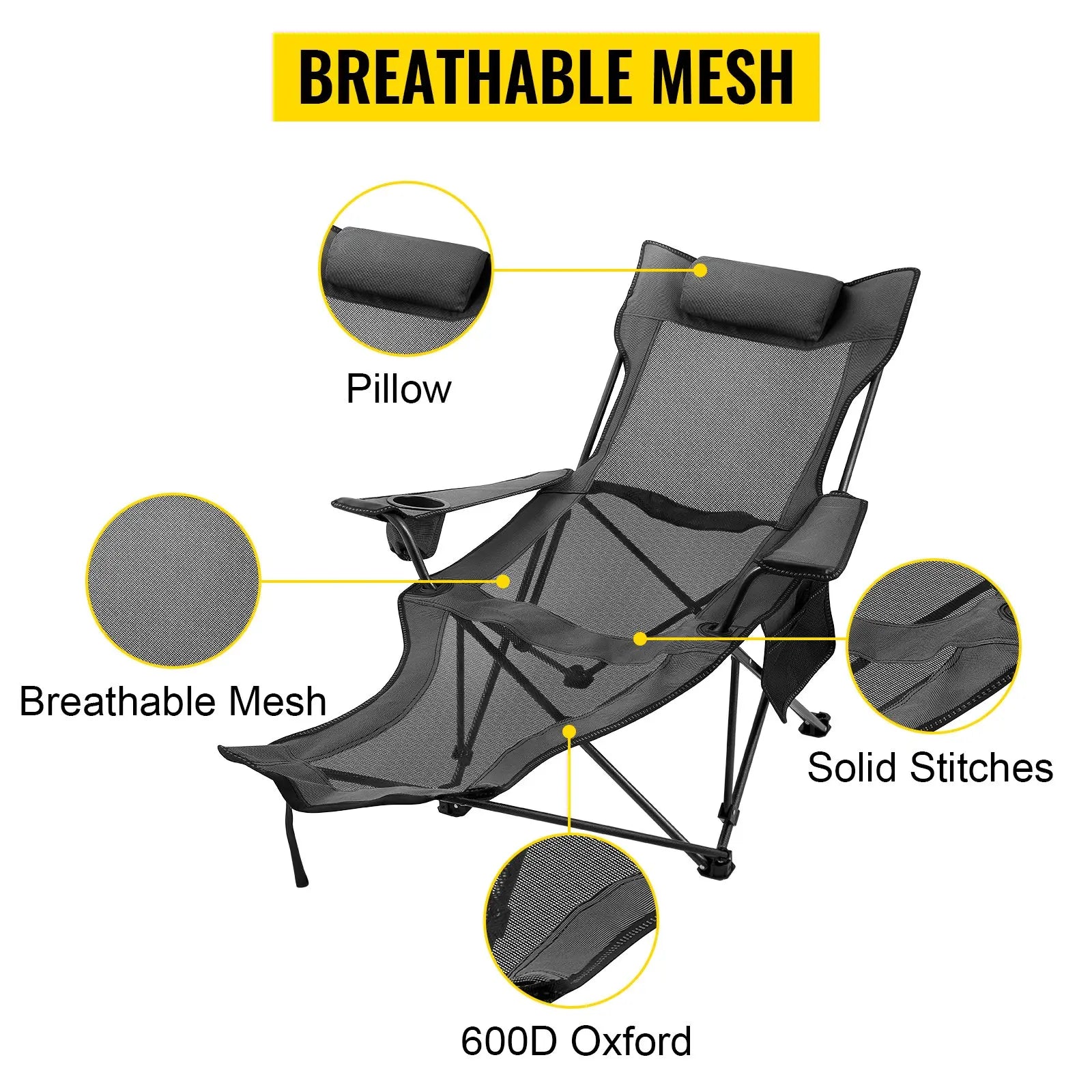 VEVOR Folding Camp Chair with Footrest Mesh, Tiktokshopblackfriday, Portable Lounge Chair with Cup Holder and Storage Bag, for Camping Fishing and Other Outdoor Activities
