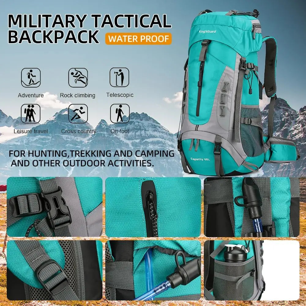 60L Hiking Camping Backpack with Rain Cover, Waterproof Large Capacity Outdoor Sport Travel Daypack Climbing Touring