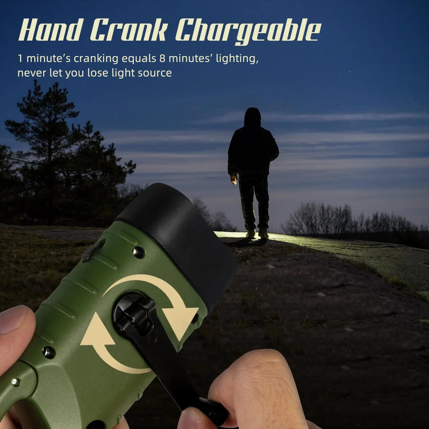 Prunus LED Crank Flashlight Emergency, Solar Flashlight Rechargeable, Dynamo Flashlights with Snap Hook, Mini Flashlight with Crank and Solar Panel for Outdoor/Camping/Power Failures.