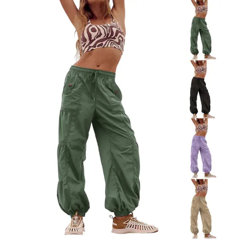 Ommig Parachute Pants for Women Cargo Pants with Pockets Elastic Waist Drawstring Baggy Hiking Pants